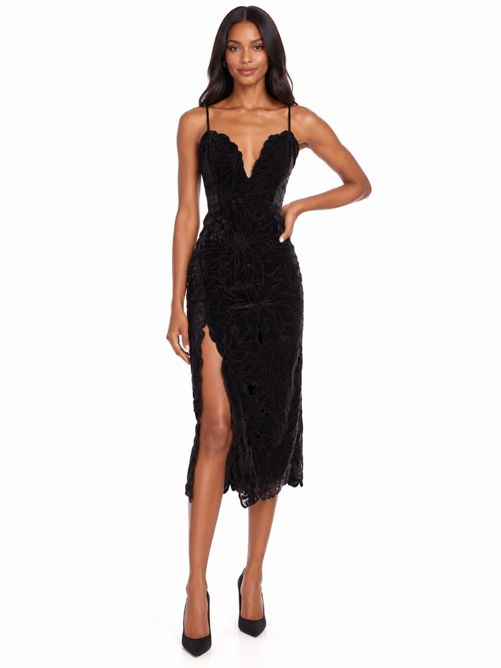 Ramy Brook Haven Black Velvet Guipure Lace Cutout Dress Size 10